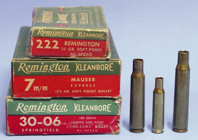 It has been claimed manytimes that the .222 Remingtonis a scaleddown.30-06 (right), but the .222’s proportions are much closer to the 7x57mm Mauser (left).